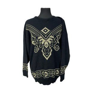 Vintage Adele 80's Cosey‎ Black Acrylic and Gold Lurex Brocade Design Sweater